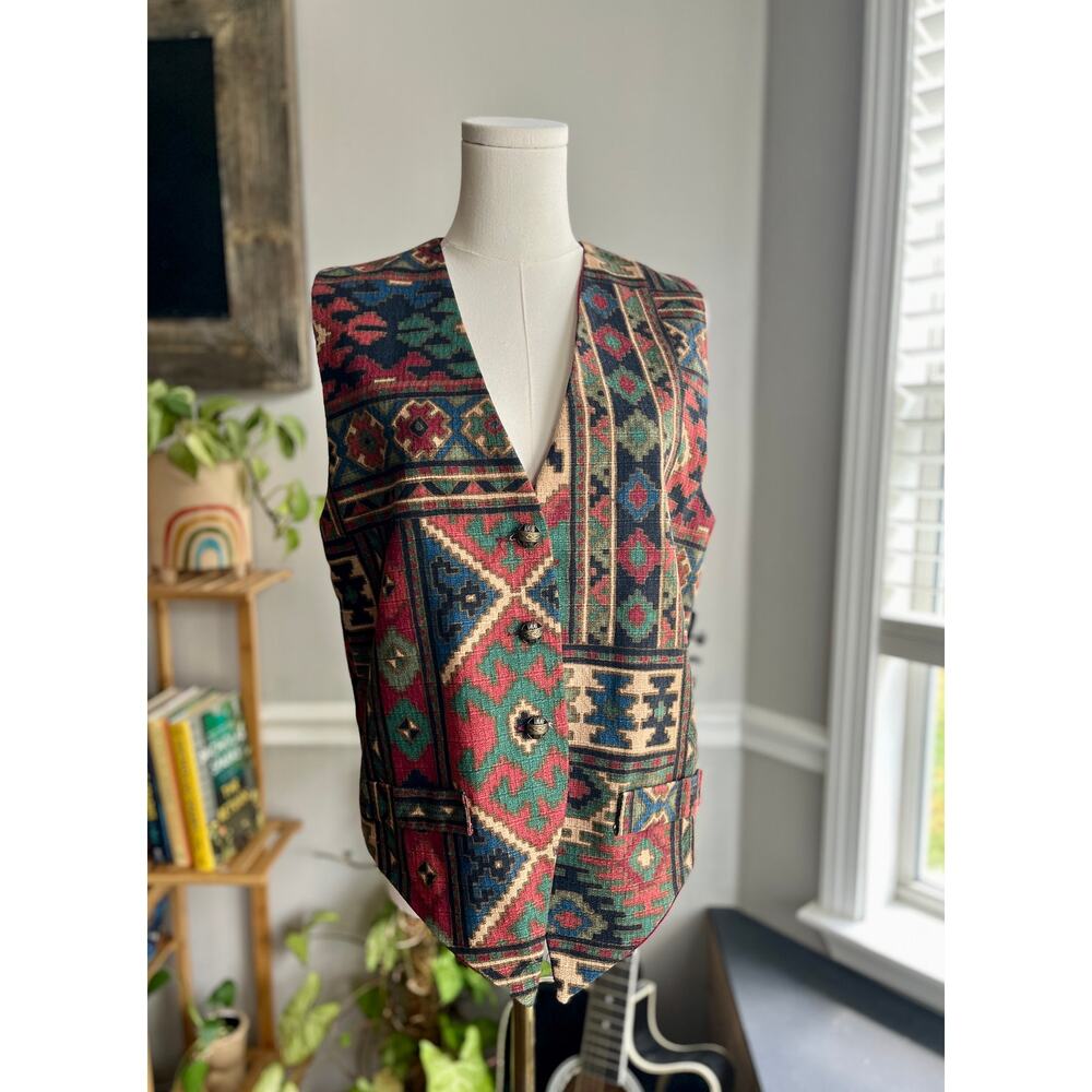 Vintage 90s Woven Southwestern Aztec Vest Button Front Size Medium